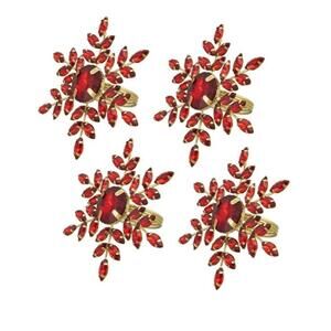 Elegant Frost Glass Beaded Snowflake Napkin Ring Set Of 6 Garnet Red & Gold NEW